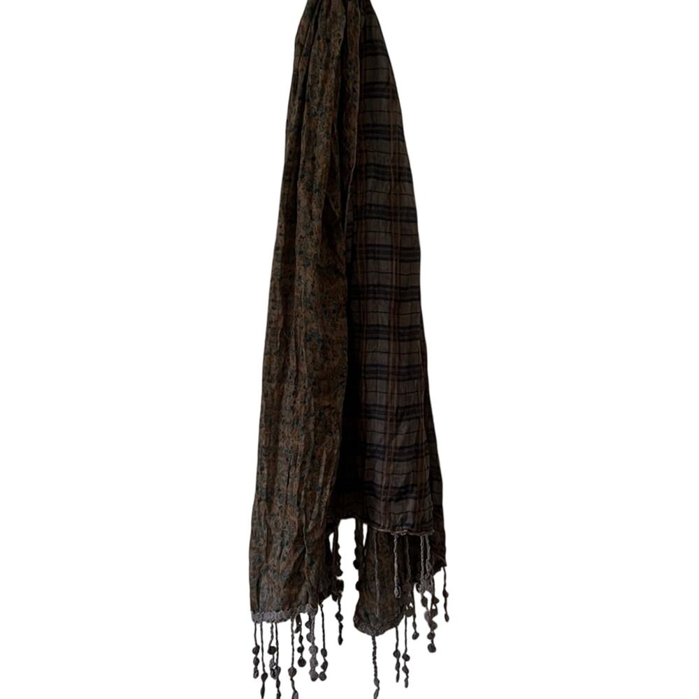 Reversible Floral Print/Plaid Scarf with Flower Fringed Ends Boho Festival